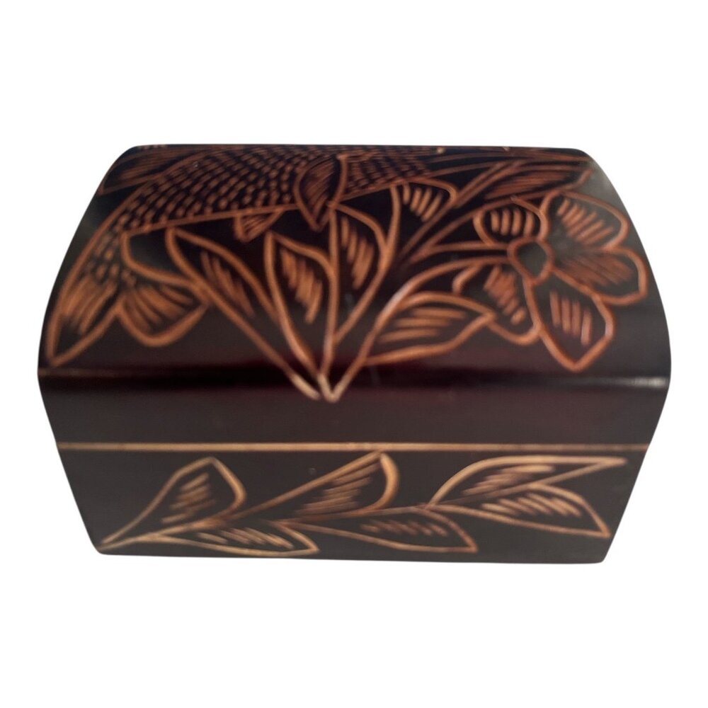 Vintage Hand-Carved Wooden Trinket Box – Floral & Bird Design – Dark Stain